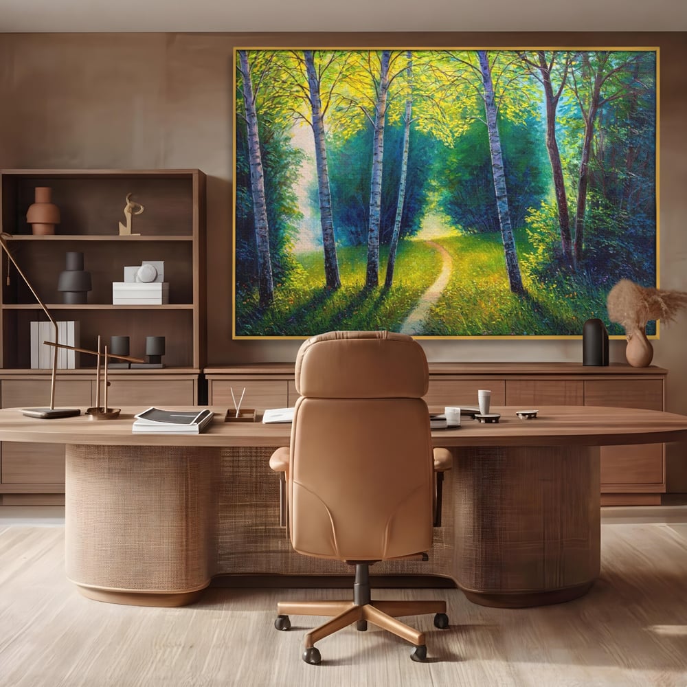 Tablou canvas cu tablou canvas cu alee prin padurea verde, in rama de aluminiu auriu, pe perete intr-un birou